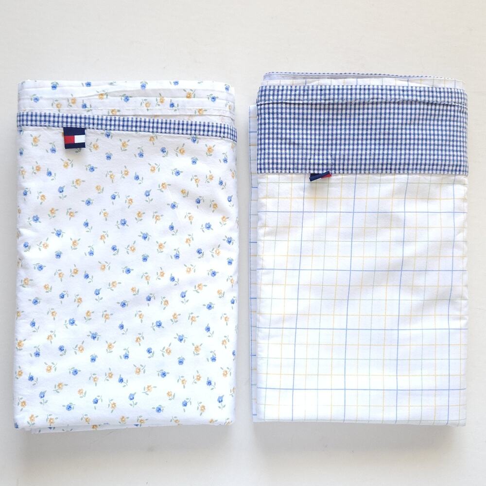 Vtg Tommy Hilfiger Twin Flat Sheet Blue Cotton Floral Plaid Preppy Coastal 2pcs